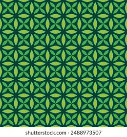 Seamless geometric pattern, with beautiful four-petal leaf shapes in dark green and light green. Suitable for various textile design purposes, tiles, wallpapers, backgrounds, etc.