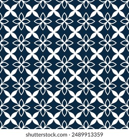 Seamless geometric pattern, with beautiful white four-petal leaf shapes on a dark blue background. Suitable for various design purposes of textiles, tiles, wallpapers, backgrounds, etc.