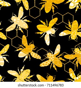 Seamless geometric pattern with bee. Trendy hand drawn textures. Modern abstract honey design for paper, fabric, interior decor and other users.
