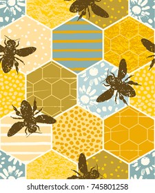 Seamless geometric pattern with bee. Trendy hand drawn textures. Modern abstract honey design for paper, fabric, interior decor and other users.