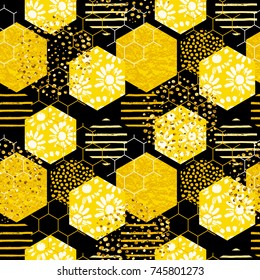 Seamless geometric pattern with bee. Trendy hand drawn textures. Modern abstract honey design for paper, fabric, interior decor and other users.