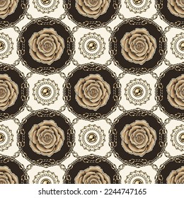 Seamless geometric pattern with beige roses, round elements made of gold chains, beads. Elements arranged in staggered manner. Classic jewelry background