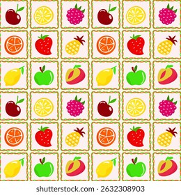 Seamless geometric pattern with berries and fruits in a cage. Summer cute, fruity and berry background. Vector.