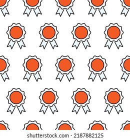 Seamless geometric pattern of best orange quality certified medals with ribbon on a white background. 