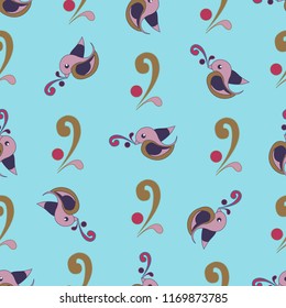 Seamless geometric pattern with birds holding twigs in their beak, rotated in different directions on a blue background.