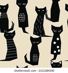 Seamless geometric pattern. Black cats.
