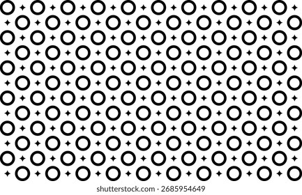 Seamless geometric pattern with black circles and diamond star shapes on white background, ideal for modern textiles and wallpapers.
