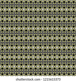 Seamless geometric pattern of black flowers and polygon shapes with yellow stroke lines. Flat design vector illustration, EPS10. Use as background, wallpaper, gift wrap paper, or fabric prints.