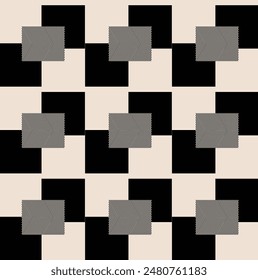 Seamless geometric pattern with black, gray, and beige squares creating a modern abstract design.
