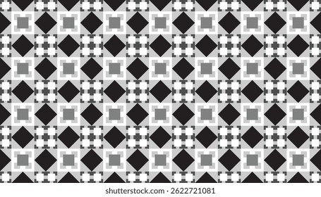 A seamless geometric pattern in black, grey and white featuring square and diamond shapes in a tile layout. Ideal for feminine designs, wallpapers, packaging and modern backdrops