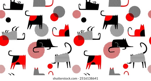 Seamless geometric pattern: black and red cats made of geometric shapes. Modern vector illustration for textile.