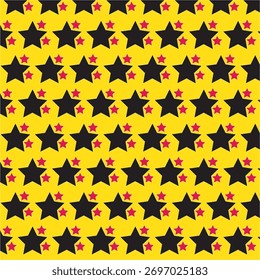 Patrón geométrico sin fisuras con estrellas negras y rojas sobre un fondo amarillo brillante. Perfecto para Fondos de pantalla, textiles, papel de embalaje y Diseños gráficos modernos.