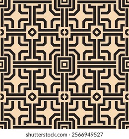 Seamless geometric pattern with black symmetrical shapes on a beige background, ideal for modern design projects, wallpapers, textiles, wrapping papers, and digital artwork.