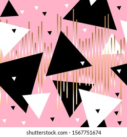 Seamless geometric pattern. Black, white triangles and gold vertical stripes.  Vector abstract background.