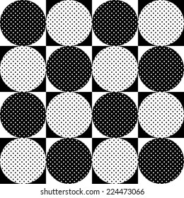 Seamless geometric pattern. Black and white circles polka dots on the squares. Vector.