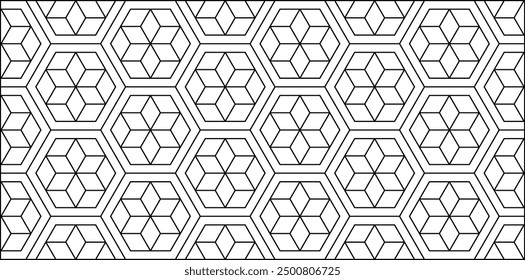 Patrón geométrico sin fisuras. Fondo abstracto blanco y negro con estrellas, hexágonos, triángulos, líneas.