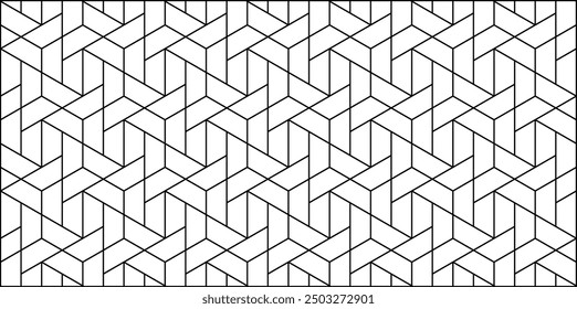 Seamless geometric pattern. Black and white abstract background with hexagons, triangles, lines.