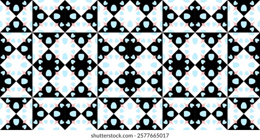 Seamless geometric pattern with black and white triangles, blue hearts, and pink accents, creating a visually appealing and symmetrical design. Ideal for backgrounds, textiles, and wallpapers