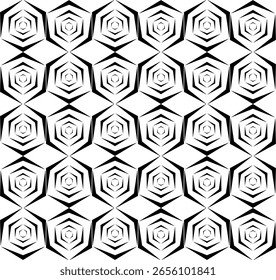 Patrón geométrico sin fisuras fondo blanco y negro, Vector, ilustración. Patrón de mosaico hexagonal geométrico sin costuras de Vector. Adorno decorativo de fondo sin fin. Textura monocromática repetible.