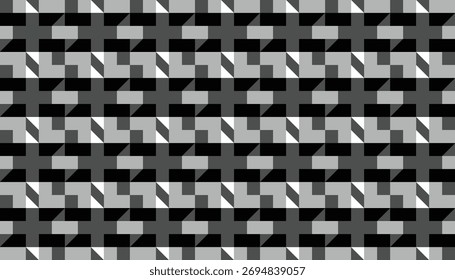 Um padrão geométrico perfeito em tons de preto, branco e cinza com linhas diagonais e formas quadradas organizadas em um layout óptico repetitivo