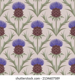 Seamless geometric pattern with blooming plume thistle plant