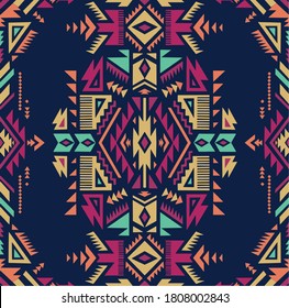  Seamless geometric pattern with blue background. Vintage multi bright color pattern in African style. Endless pattern can be used for ceramic tile, wallpaper, linoleum, textile, web page background.