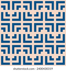 Nahtloses geometrisches Muster mit blauen und beigen Linien, die ein Gitter von Quadraten und griechischen Mäander bilden. Einfache, stilvolle ethnische Ornamente im Retro-Stil. Eleganter Geohintergrund. Wiederholtes Dekordesign