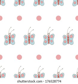 Seamless geometric pattern with blue butterflies on white background