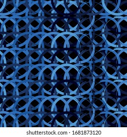 Seamless geometric pattern with blue circles. Vector texture in blue tones on a black background.
Print for textiles, fabrics, backgrounds, accessories, wrapping paper, wallpaper.