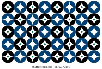 seamless geometric pattern with blue circles. Ethnic Indonesian floral batik background in a modern style with a seamless pattern in black, blue, and green. Floral background design art
