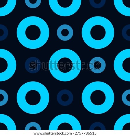 Seamless geometric pattern with blue circles and rings on dark background.