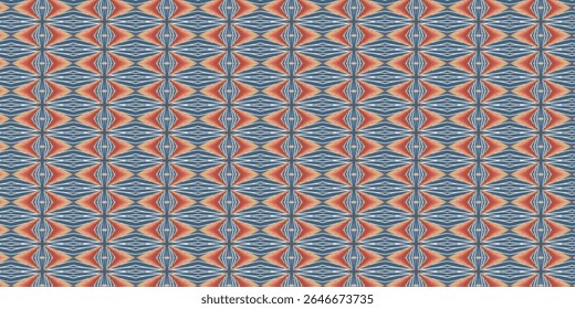 Seamless geometric pattern with blue diamond shapes and warm-toned accents, perfect for textiles, digital art, and modern backgrounds. Ideal for abstract design projects.
