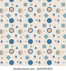 Seamless Geometric Pattern with Blue Diamonds, Squares, and Peach Circles