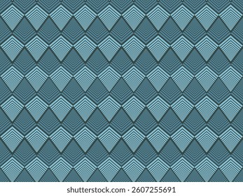Seamless geometric pattern with blue flowers and a vintage textile design featuring geometric shapes, steel texture, and a decorative gray backdrop
