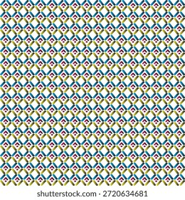 Patrón geométrico sin fisuras con Enlaces de diamantes azules y dorados y detalles de chevron marrón sobre un fondo blanco ideal para impresiones textiles modernas, papelería elegante y decoración digital