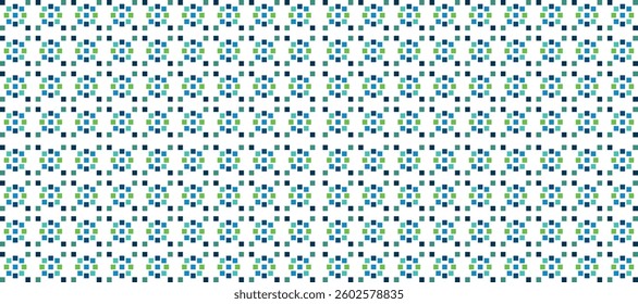Seamless geometric pattern with blue and green square elements on a white background. Modern, minimal, and stylish design, perfect for textiles, wallpapers, packaging, and digital backgrounds.