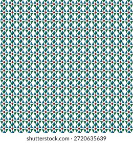 Nahtloses geometrisches Muster mit blauen und grünen Dreieck-Clustern und roten Diamant-Akzenten auf weißem Hintergrund, ideal für moderne Textildesigns, lebendige Schreibwaren und digitale Tapeten