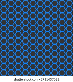 Seamless geometric pattern with blue hexagons and dots on a dark background. Clean and modern, perfect for tech themes, packaging, wallpapers, and digital interfaces.