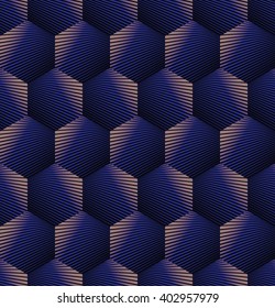 Seamless geometric pattern of blue hexagons. Stylish, decorative background vector design with optical effect. Simple to edit, three colors.