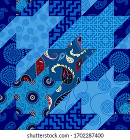 Seamless geometric pattern. Blue Hounds-tooth pattern in patchwork style. Vector image.