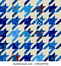 Seamless geometric pattern. Blue Hounds-tooth pattern in patchwork style. Vector image.