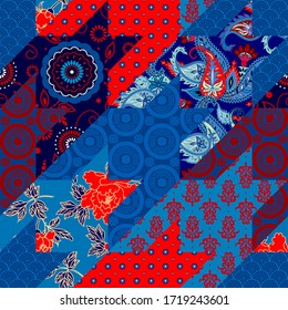  Nahtloses geometrisches Muster. Blaues Hunde-Zahn-Muster im Patchwork-Stil. Vektorbild.