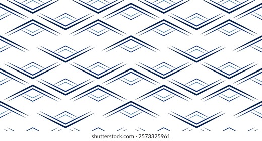 Seamless geometric pattern. Blue sharp rays on white background. Vector decorative ethnic ornament of triangles. Strict monochrome linear design. Mosaic tile background for wallpaper, textile, etc.