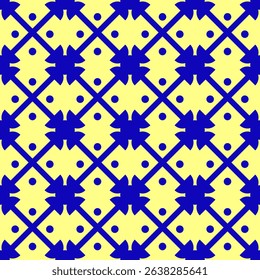 Seamless geometric pattern with blue stylized leaf motifs and dots arranged in a symmetrical diamond grid on a yellow background, perfect for textiles, wallpapers, and decorative designs.