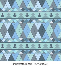 Seamless geometric pattern in blue tones with Christmas trees. Vector.