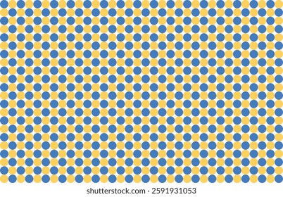 Seamless geometric pattern with a blue, white, and yellow circle-shaped design. The repeating abstract background creates a modern and vibrant look, perfect for textile prints, digital wallpapers.