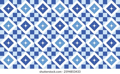 Seamless geometric pattern with blue and white diamond shapes, perfect for backgrounds, textiles, wallpapers, and decorative designs.