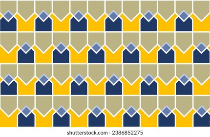patrón geométrico sin soldadura, pentágono azul y amarillo organizado en filas horizontales repiten un patrón sin fisuras, diseño de imagen repleto para impresión de tela o papel de fondo o impresión de papel envuelto, superposición
