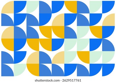 Padrão geométrico contínuo com semicírculos azuis, amarelos, verdes e círculos trimestrais para design e decoração modernos.