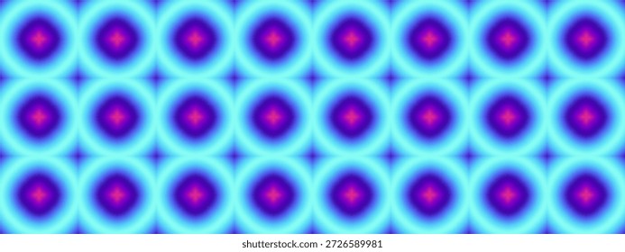 Un patrón geométrico sin fisuras de círculos de neón borrosos y brillantes dispuestos en una cuadrícula con Gradientes cian, azul y púrpura.